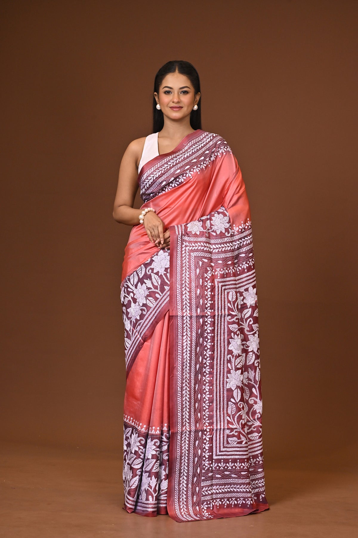 Blended Silk Kantha Stitch Saree Peach