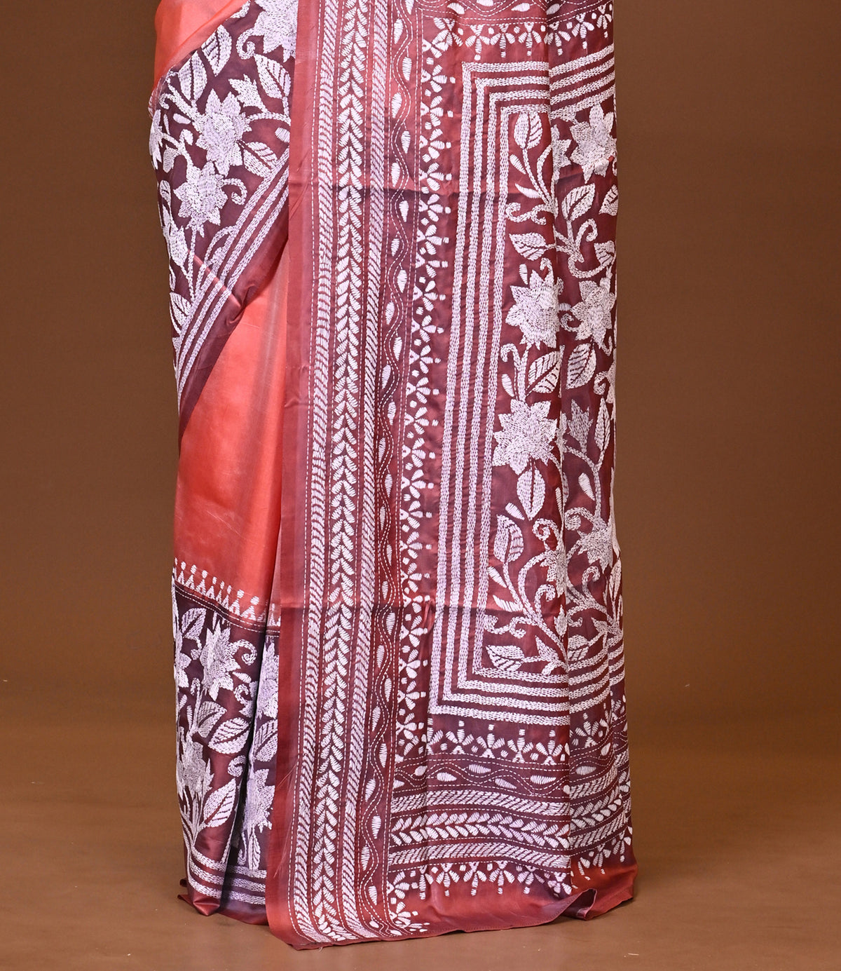 Blended Silk Kantha Stitch Saree Peach