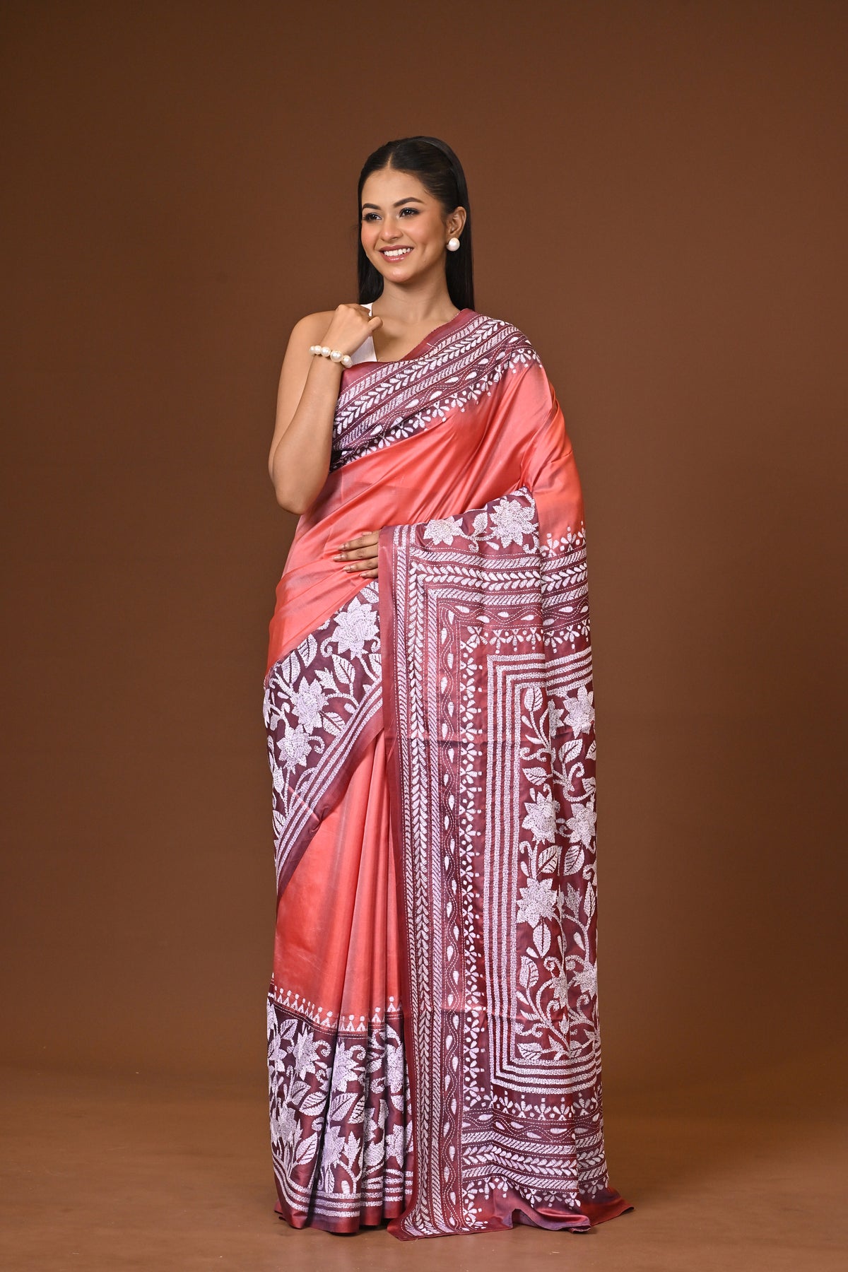 Blended Silk Kantha Stitch Saree Peach