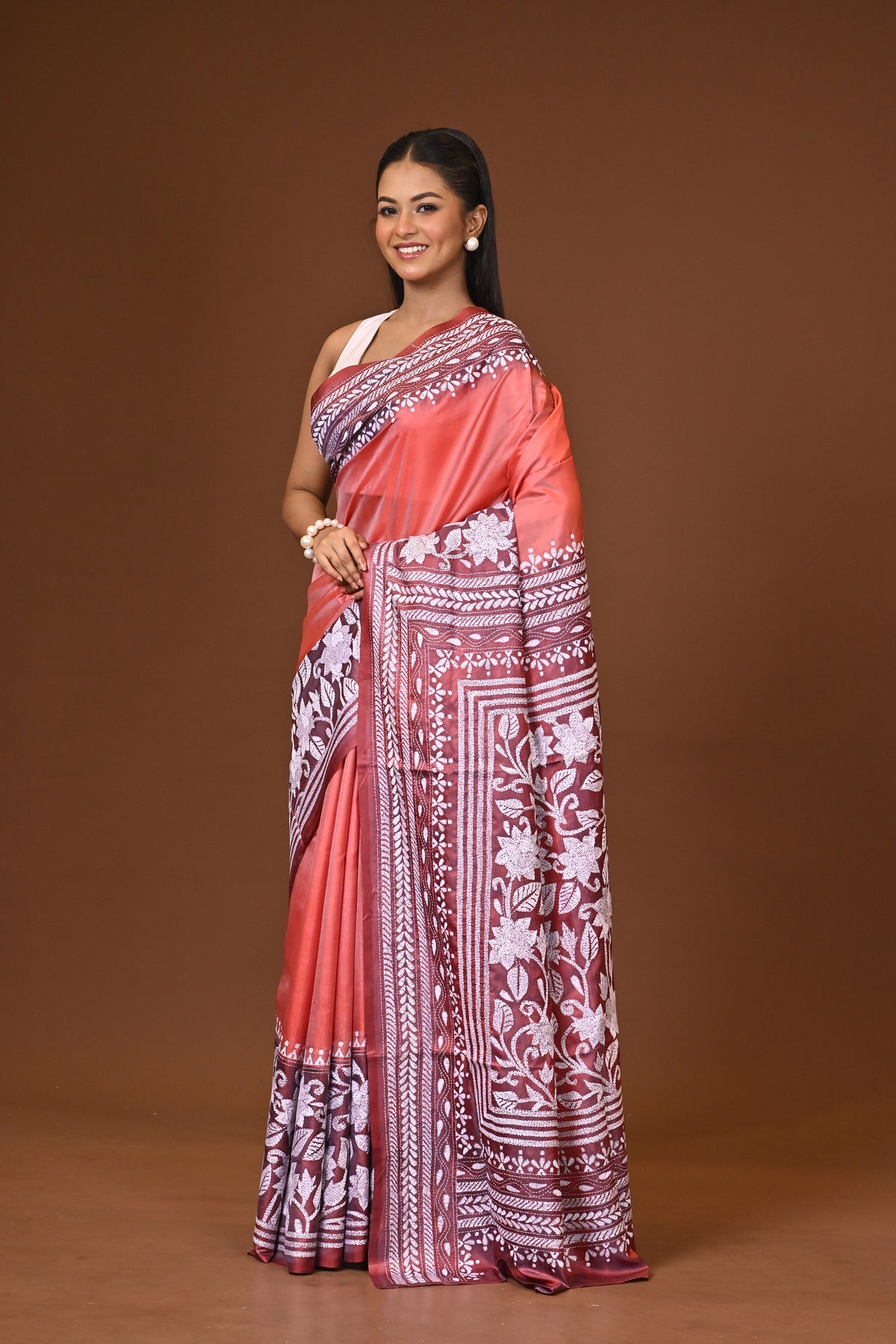 Blended Silk Kantha Stitch Saree Peach
