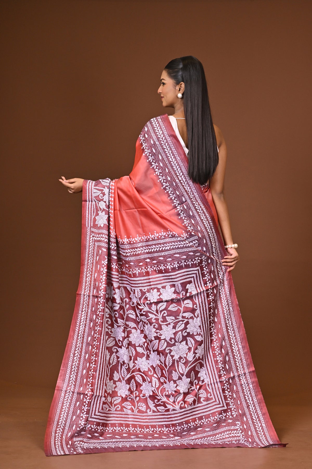 Blended Silk Kantha Stitch Saree Peach