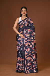 Blended Silk Kantha Stitch Saree Dark Blue