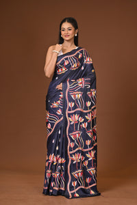 Blended Silk Kantha Stitch Saree Dark Blue