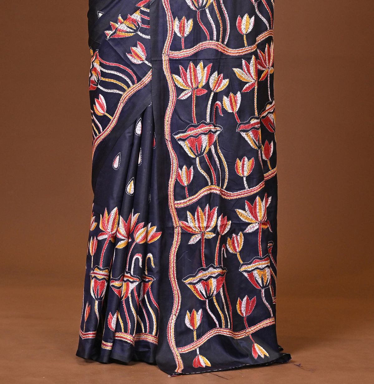 Blended Silk Kantha Stitch Saree Dark Blue