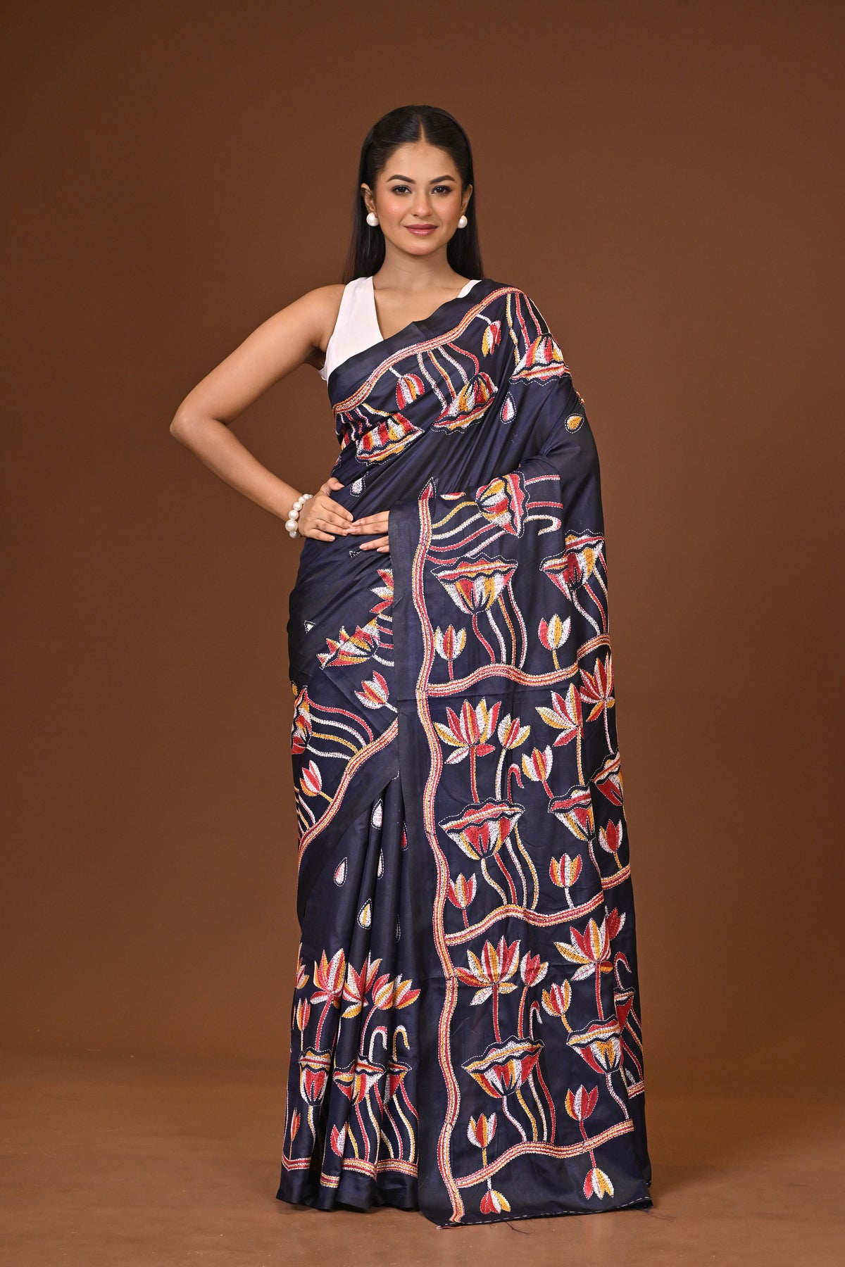 Blended Silk Kantha Stitch Saree Dark Blue