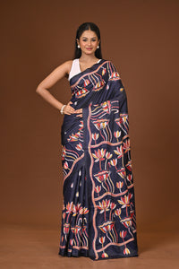 Blended Silk Kantha Stitch Saree Dark Blue