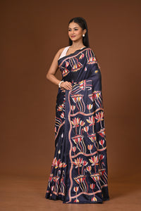 Blended Silk Kantha Stitch Saree Dark Blue