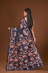 Blended Silk Kantha Stitch Saree Dark Blue