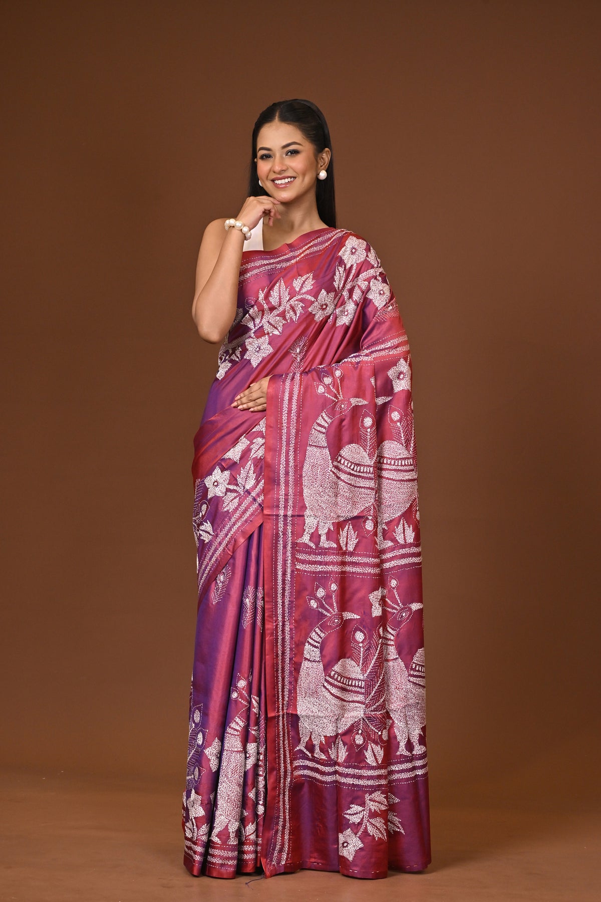 Blended Silk Kantha Stitch Saree Pink