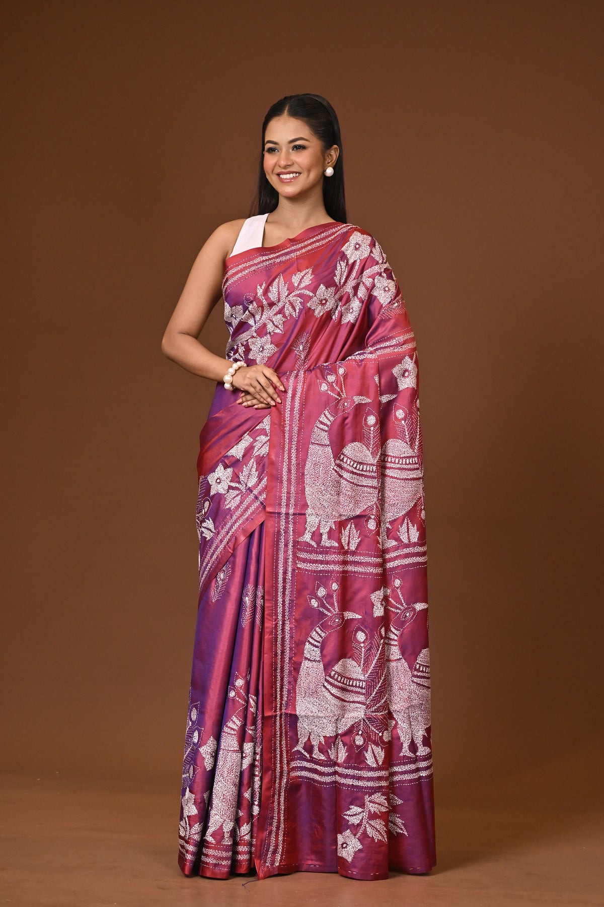Blended Silk Kantha Stitch Saree Pink