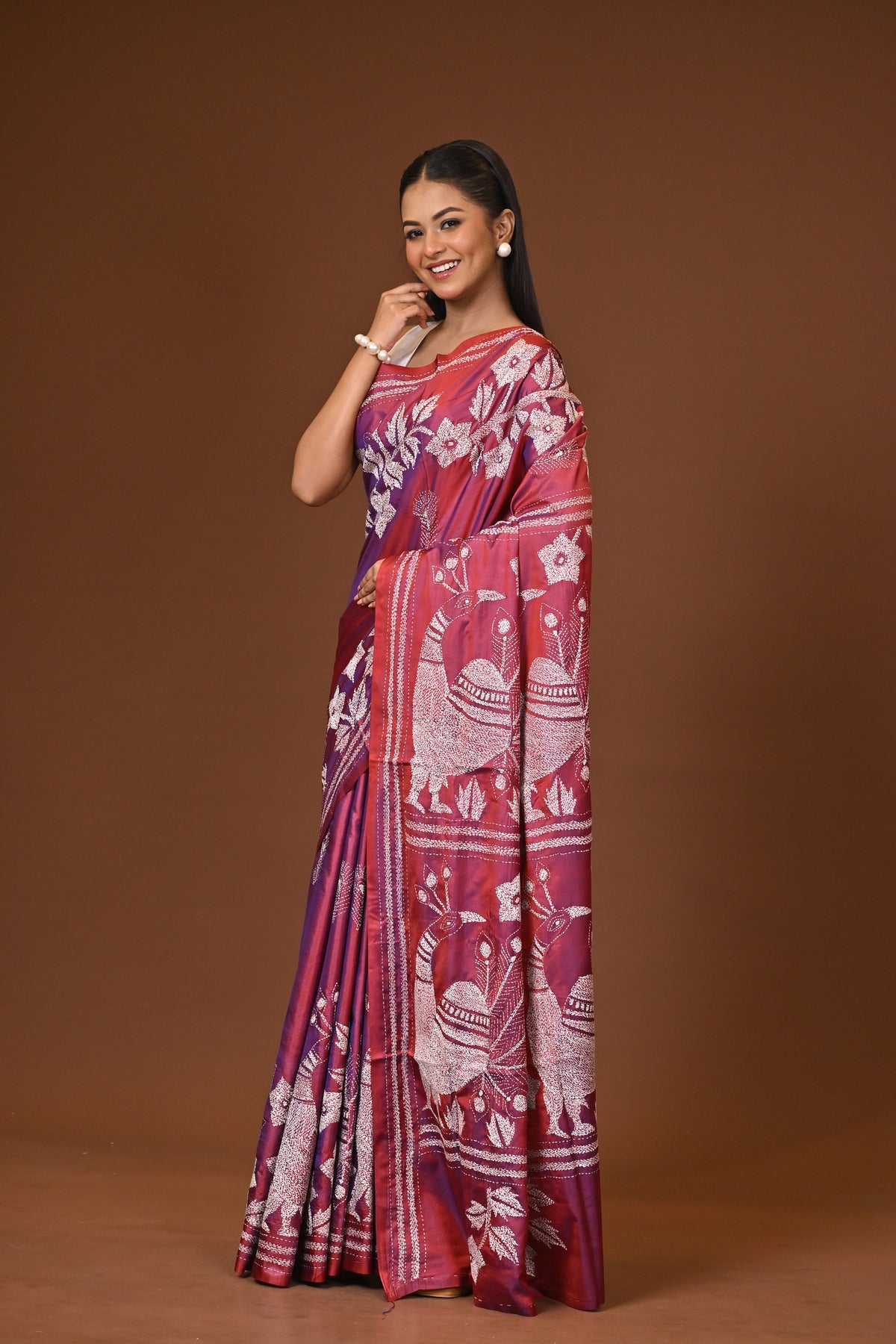 Blended Silk Kantha Stitch Saree Pink