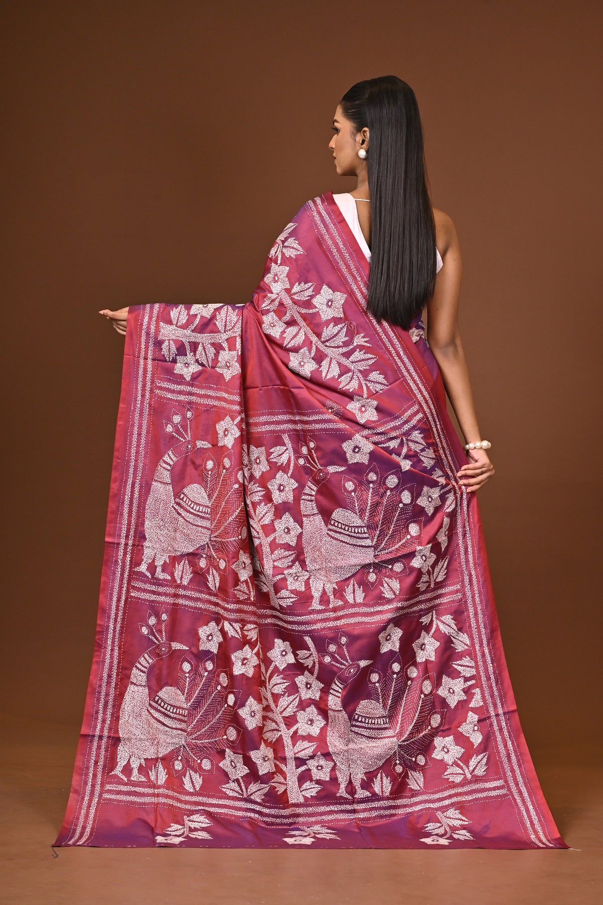 Blended Silk Kantha Stitch Saree Pink