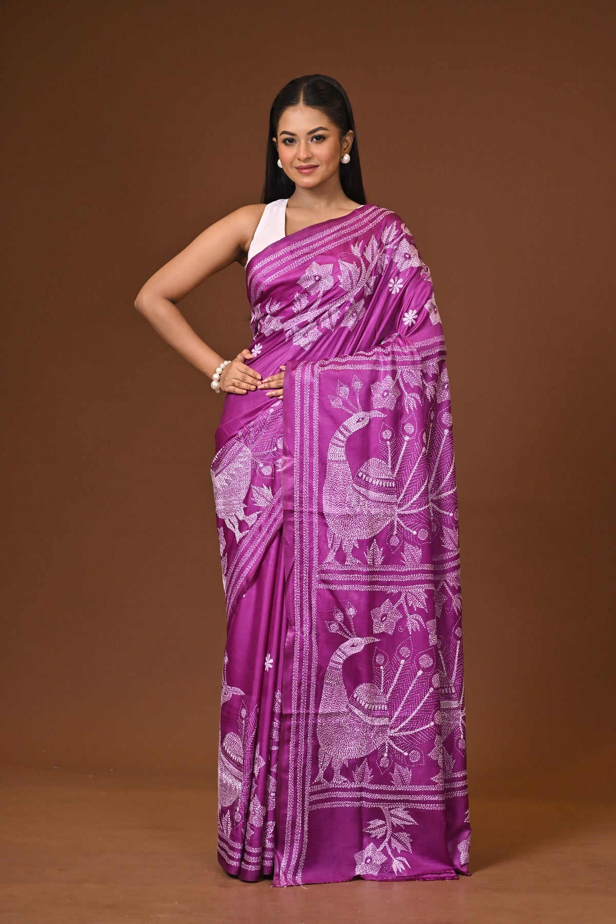 Blended Silk Kantha Stitch Saree Purple