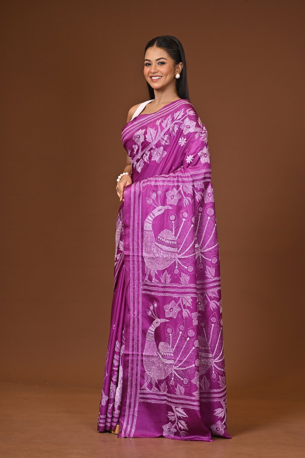 Blended Silk Kantha Stitch Saree Purple