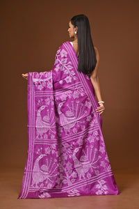 Blended Silk Kantha Stitch Saree Purple