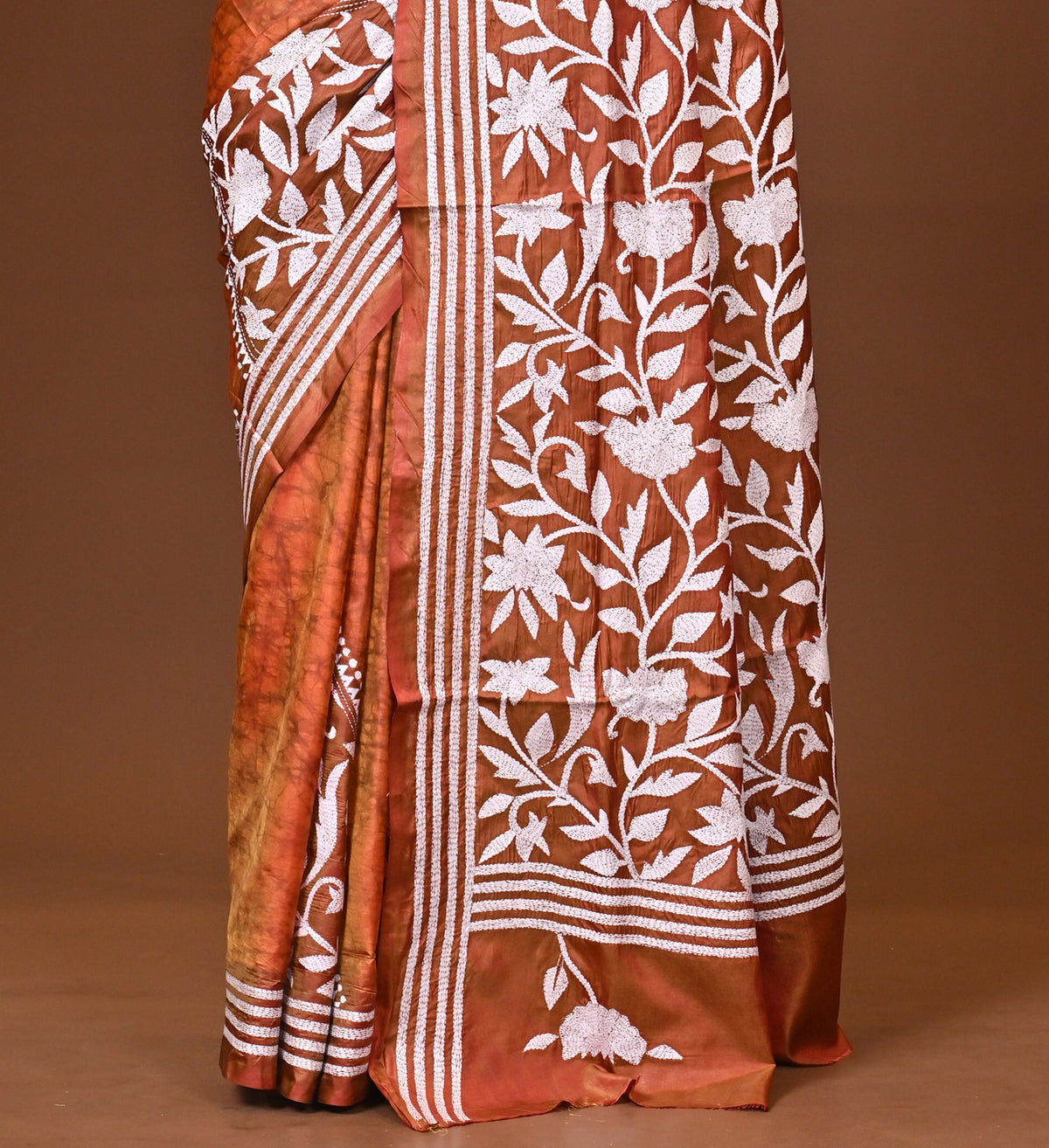 Blended Silk Kantha Stitch Saree Velvet Peach