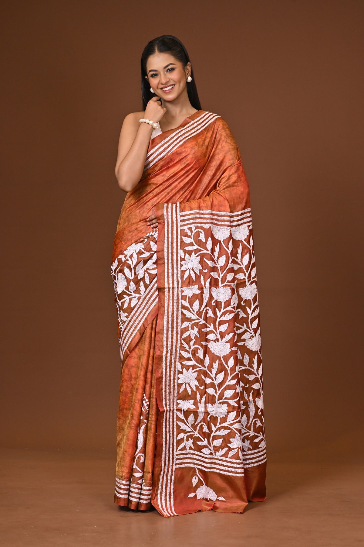 Blended Silk Kantha Stitch Saree Velvet Peach
