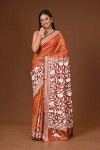 Blended Silk Kantha Stitch Saree Velvet Peach