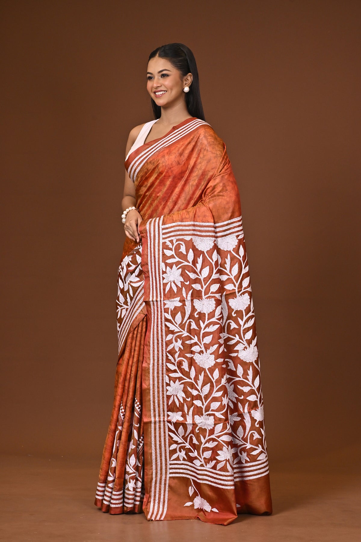 Blended Silk Kantha Stitch Saree Velvet Peach