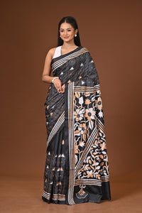 Blended Silk Kantha Stitch Saree Black