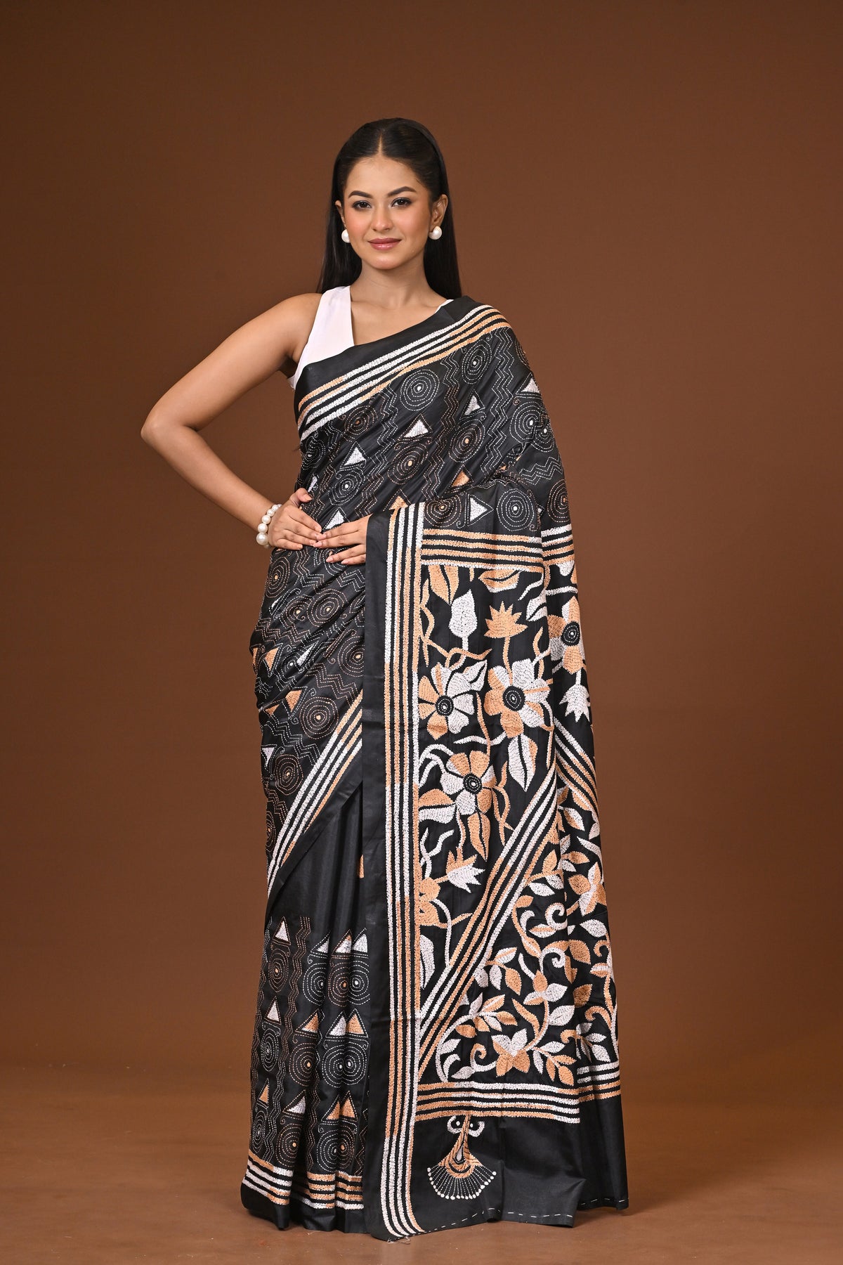 Blended Silk Kantha Stitch Saree Black