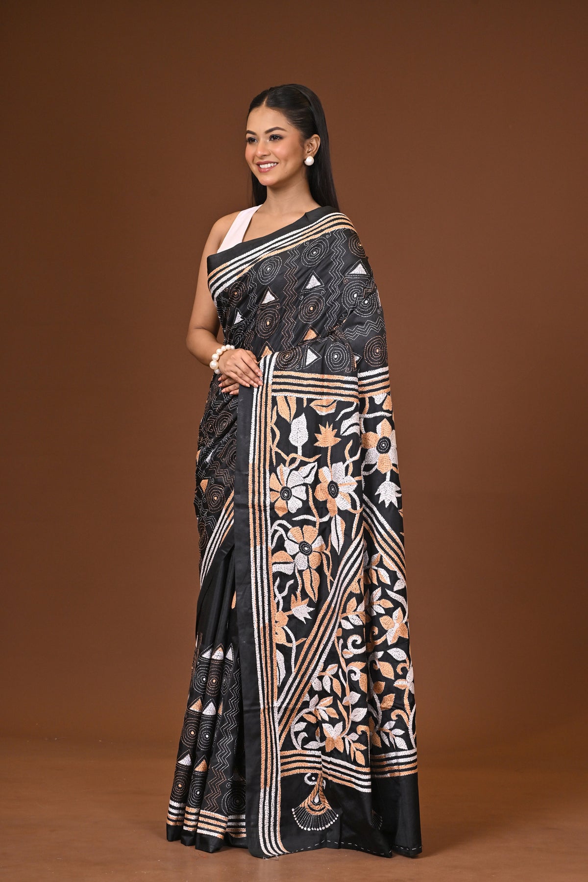 Blended Silk Kantha Stitch Saree Black