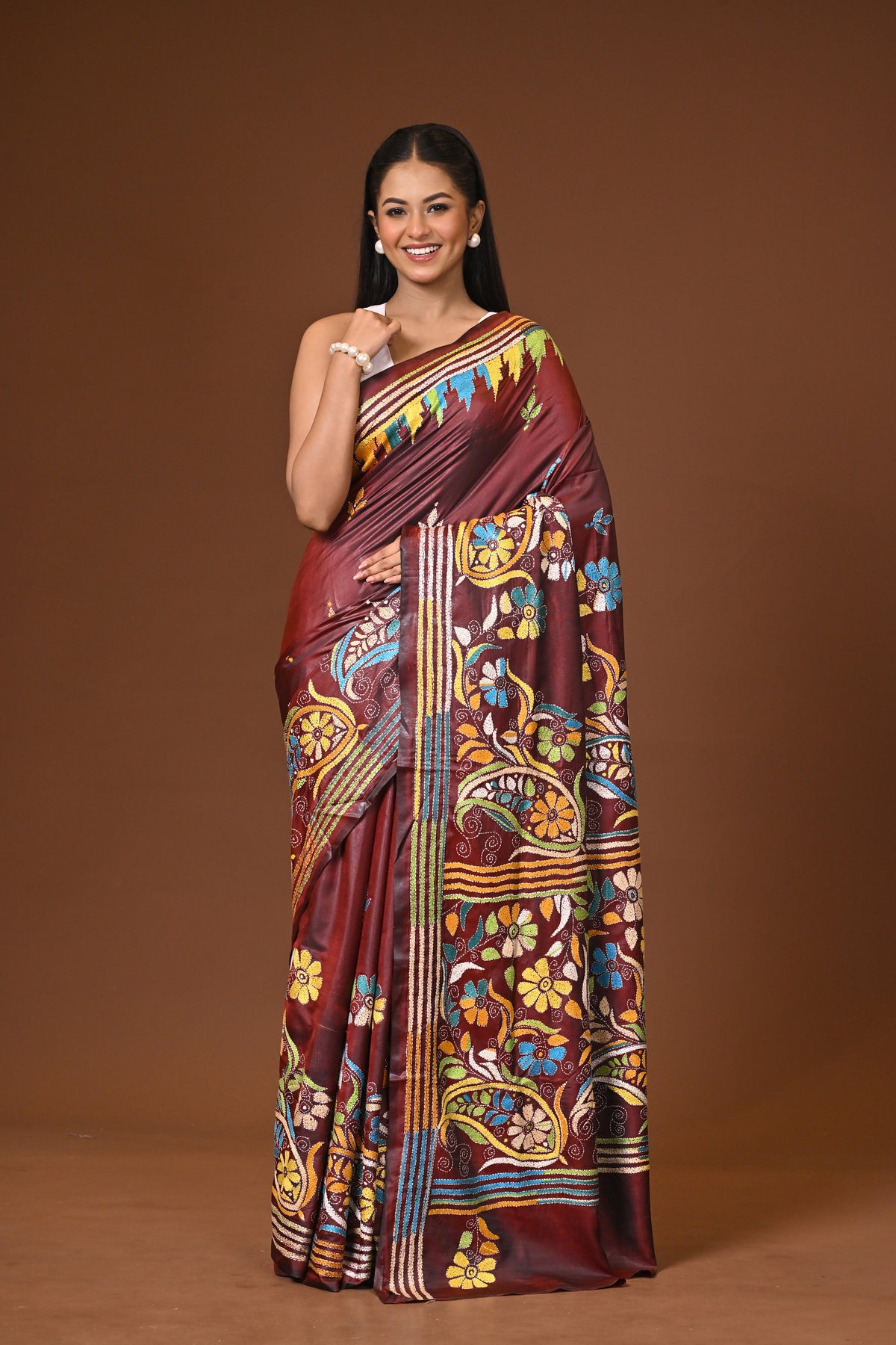 Blended Silk Kantha Stitch Saree Brown