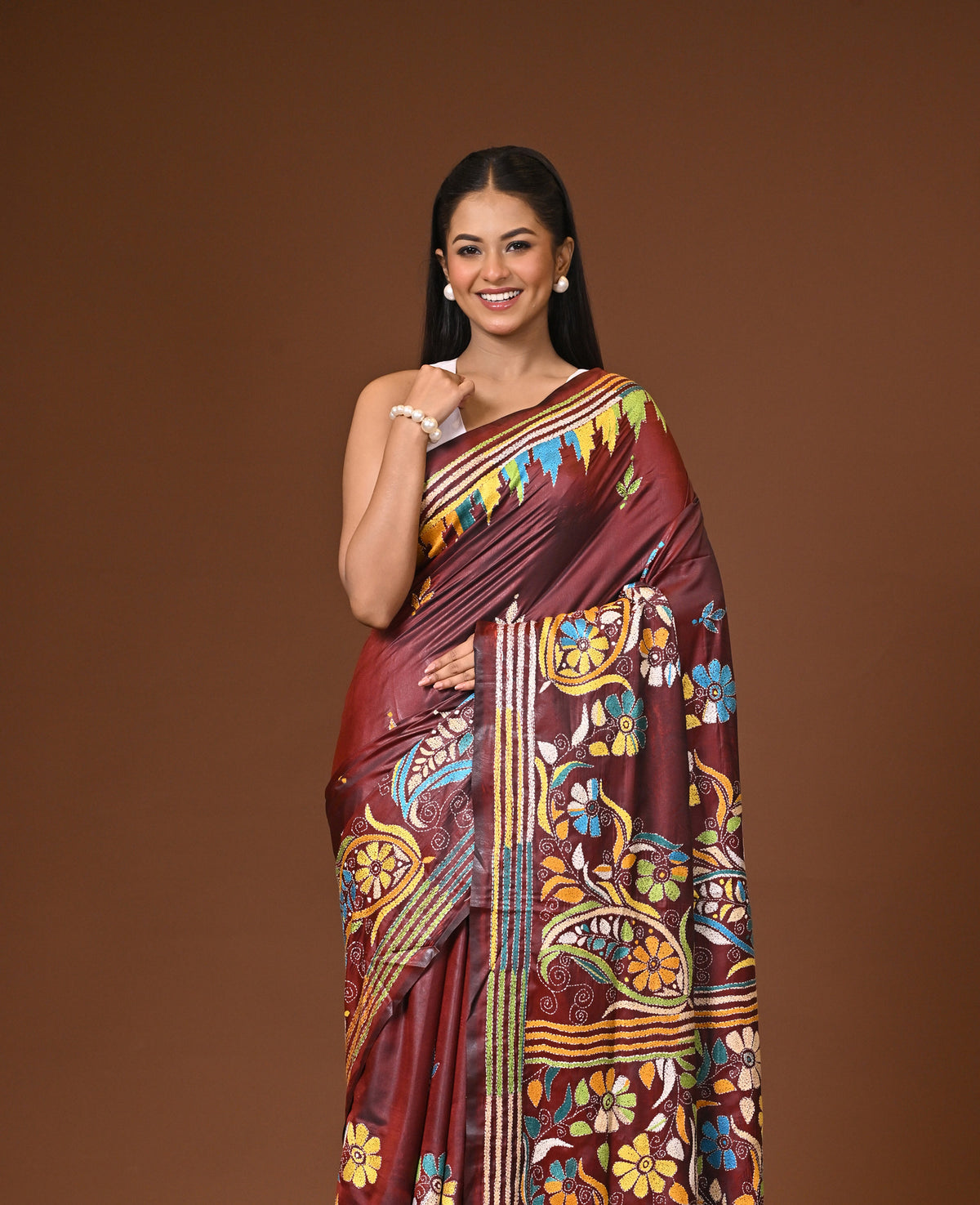 Blended Silk Kantha Stitch Saree Brown