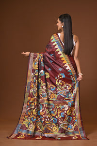 Blended Silk Kantha Stitch Saree Brown