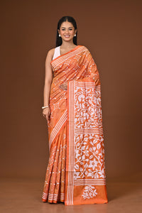 Blended Silk Kantha Stitch Saree Velvet Orange