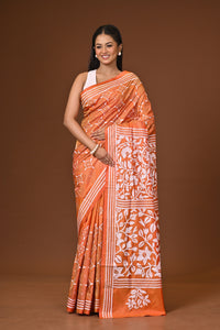 Blended Silk Kantha Stitch Saree Velvet Orange