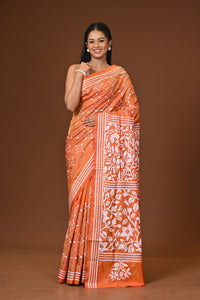 Blended Silk Kantha Stitch Saree Velvet Orange