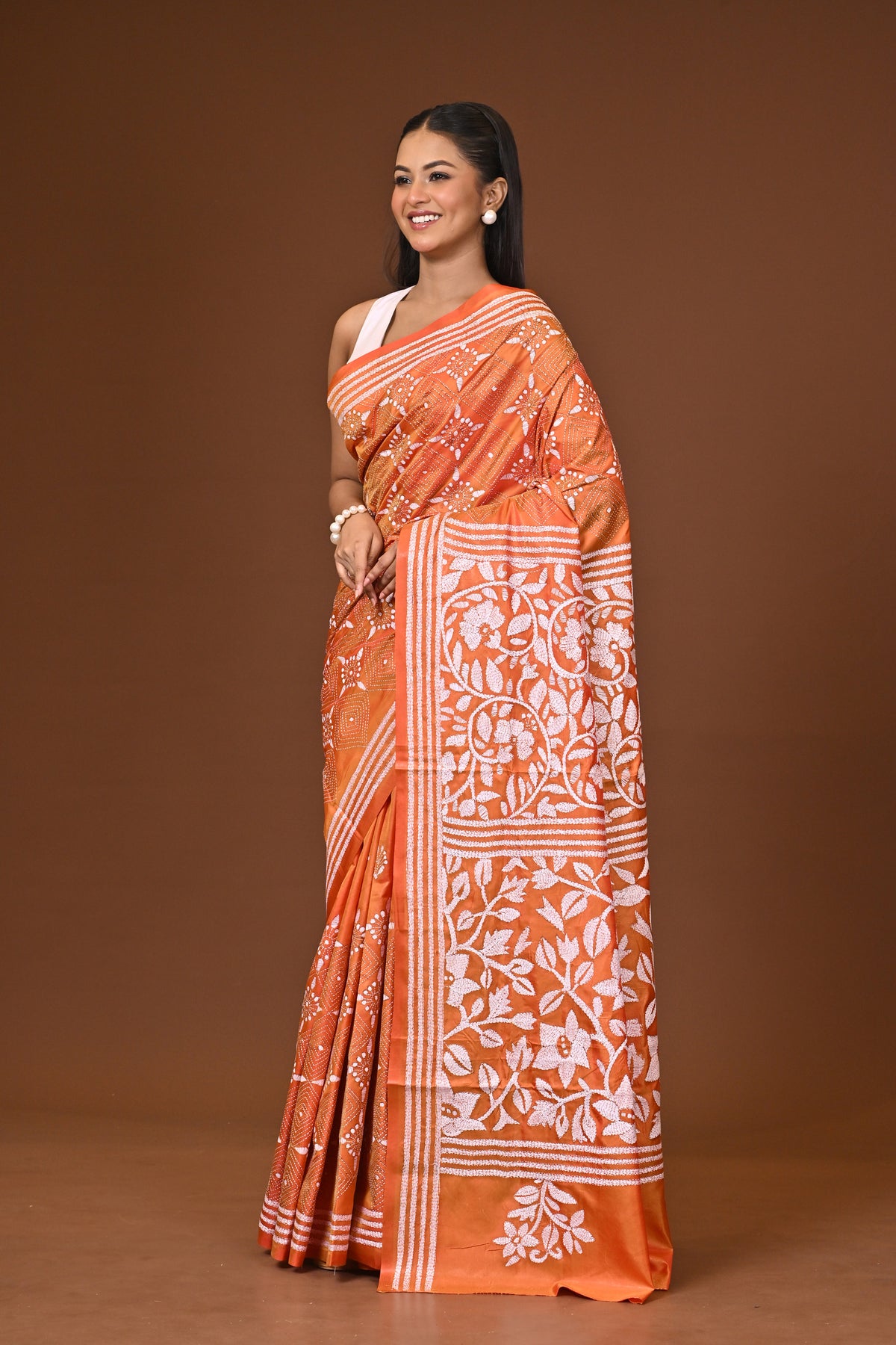 Blended Silk Kantha Stitch Saree Velvet Orange