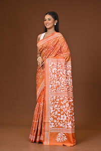 Blended Silk Kantha Stitch Saree Velvet Orange