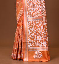 Blended Silk Kantha Stitch Saree Velvet Orange