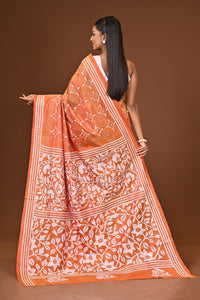 Blended Silk Kantha Stitch Saree Velvet Orange