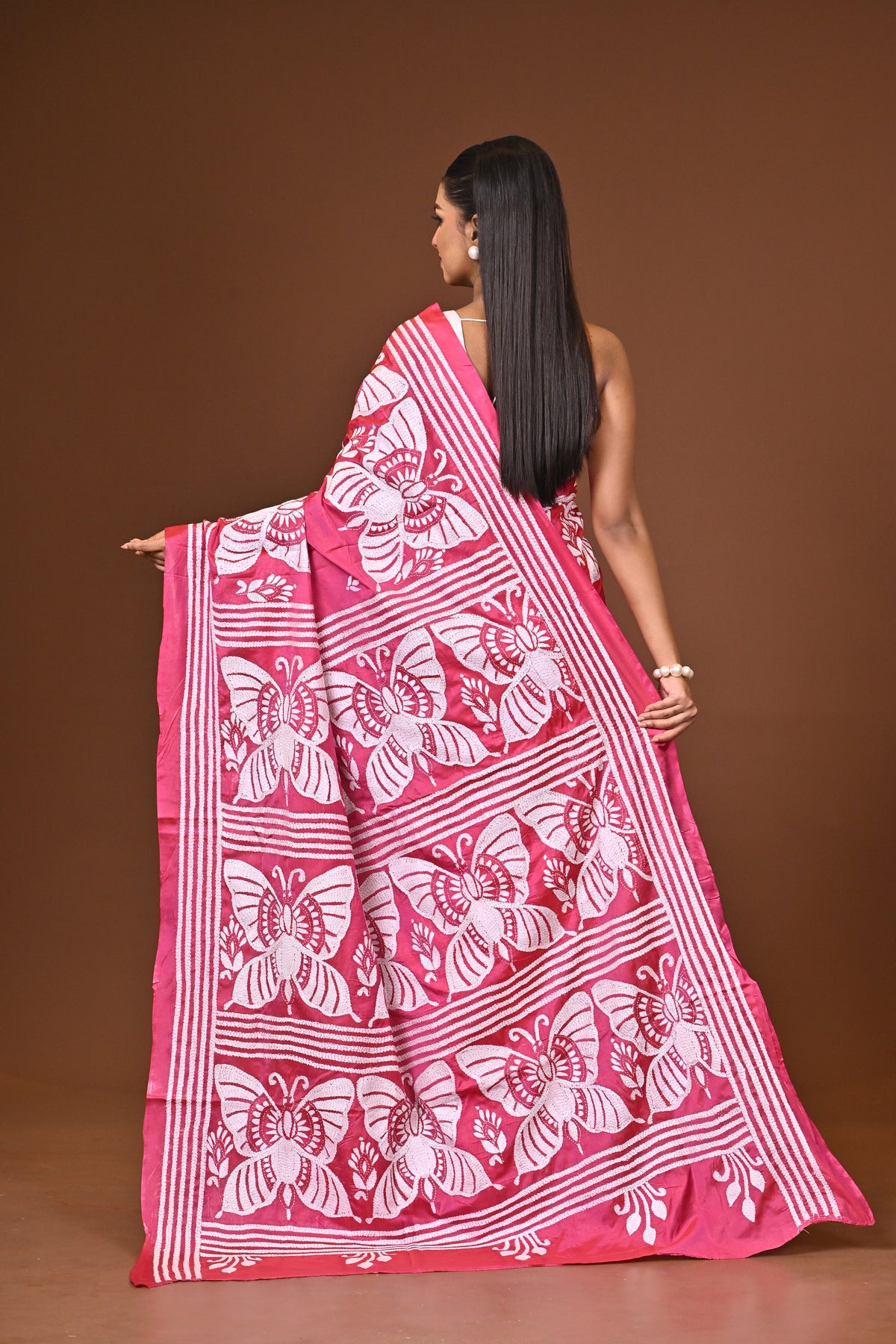 Blended Silk Kantha Stitch Saree Pink