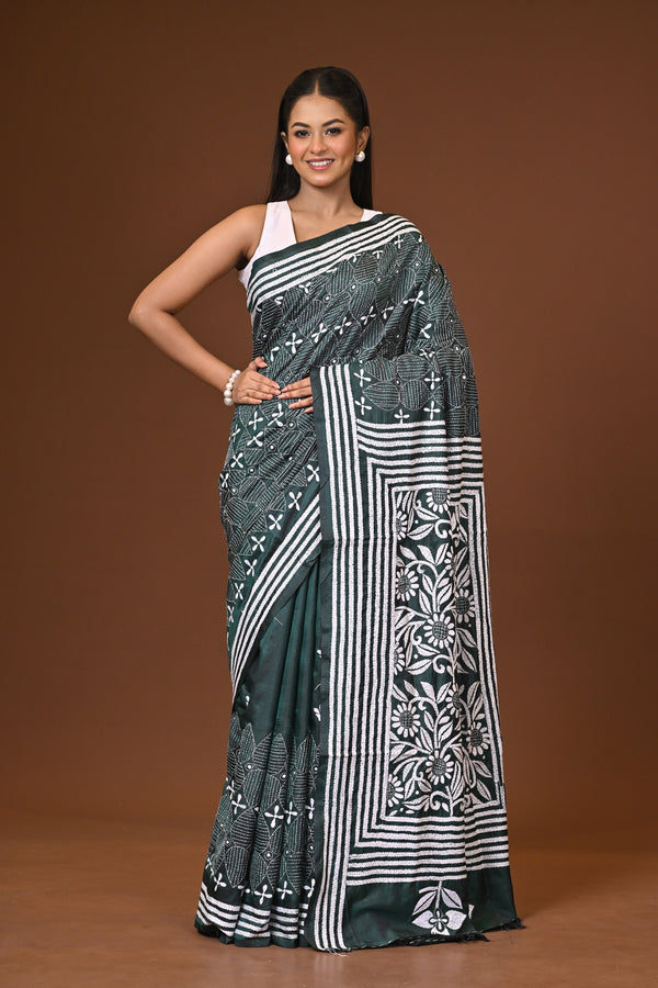 Blended Silk Kantha Stitch Saree
