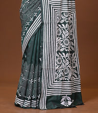 Blended Silk Kantha Stitch Saree Bottle Green