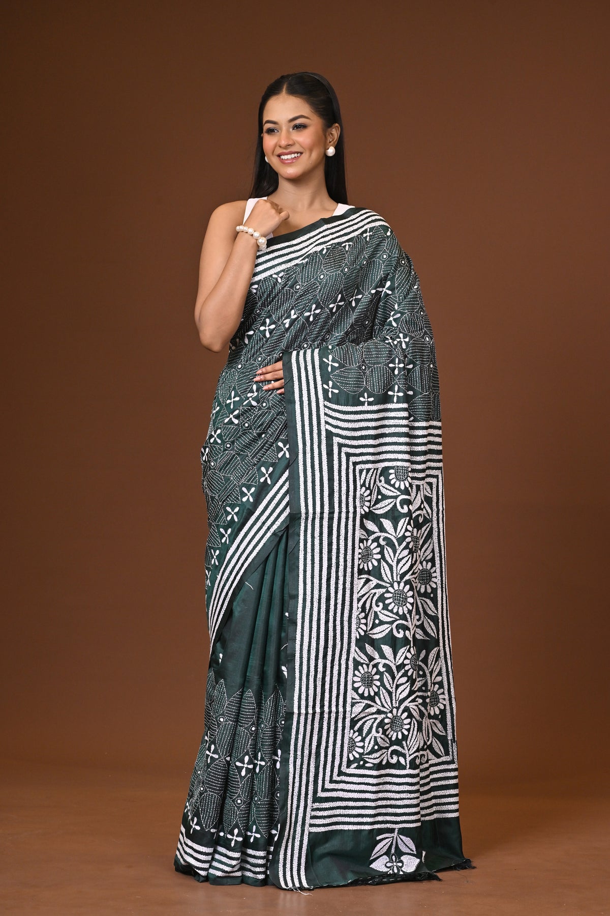 Blended Silk Kantha Stitch Saree Bottle Green