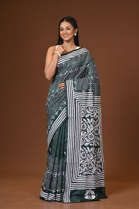 Blended Silk Kantha Stitch Saree Bottle Green