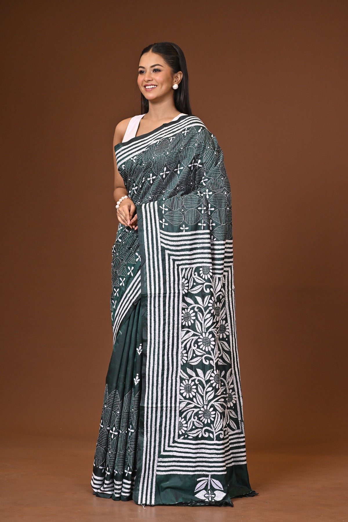 Blended Silk Kantha Stitch Saree Bottle Green