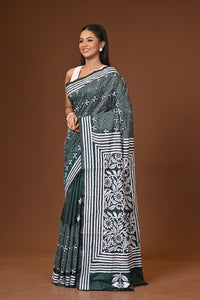 Blended Silk Kantha Stitch Saree Bottle Green