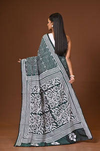 Blended Silk Kantha Stitch Saree Bottle Green