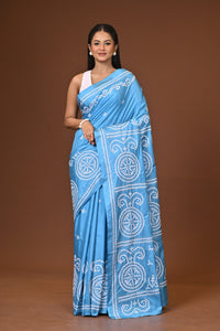 Blended Silk Kantha Stitch Saree Ocean Blue