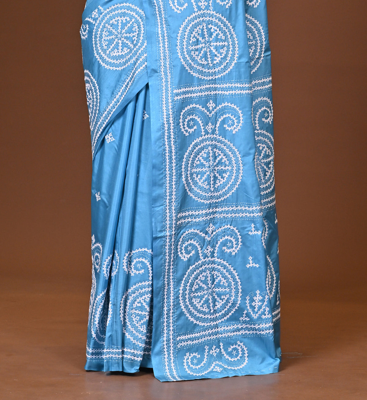Blended Silk Kantha Stitch Saree Ocean Blue