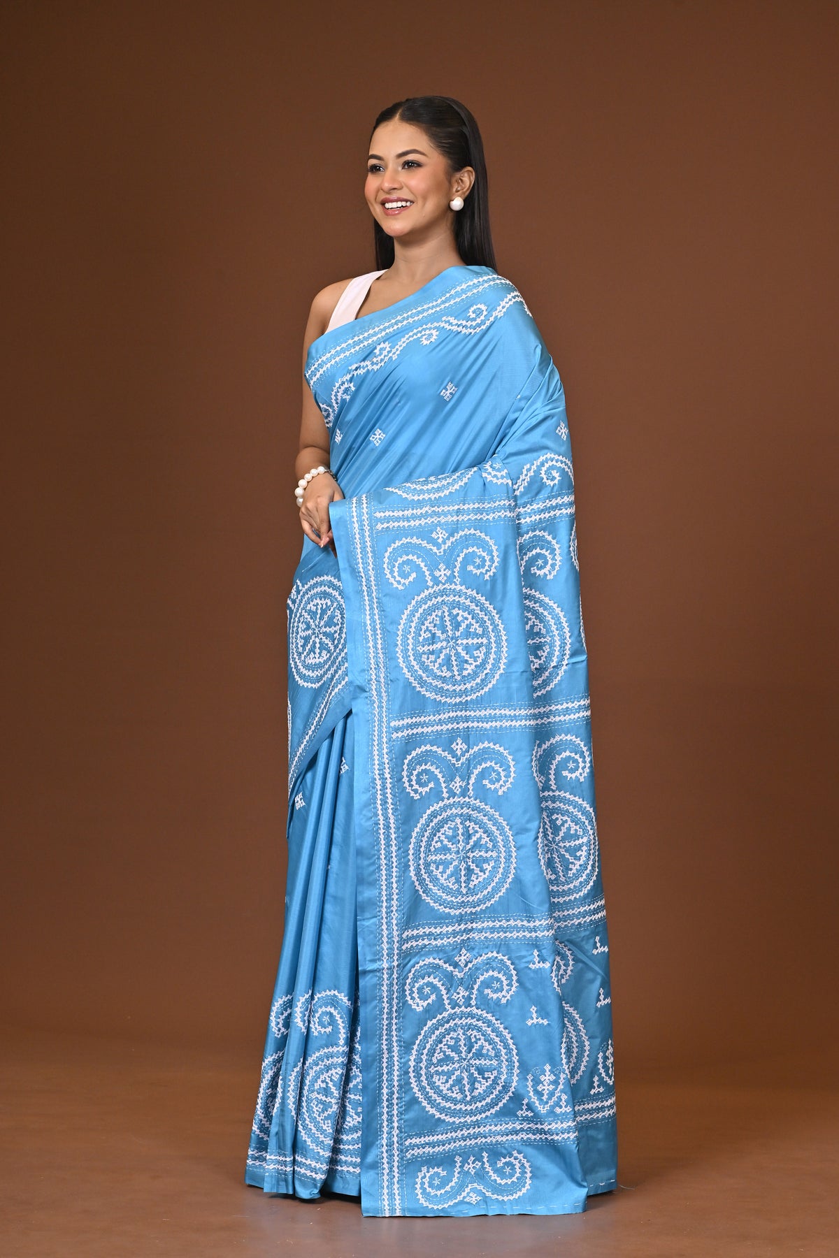 Blended Silk Kantha Stitch Saree Ocean Blue