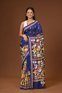 Blended Silk Kantha Stitch Saree Navy Blue