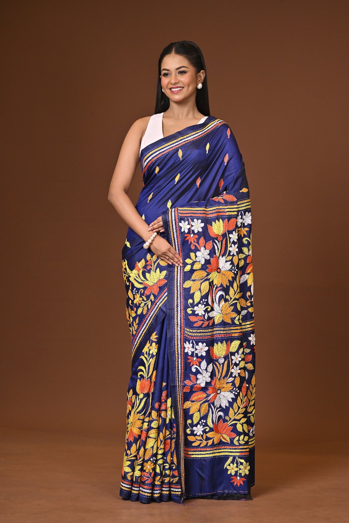 Blended Silk Kantha Stitch Saree Navy Blue