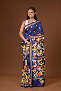 Blended Silk Kantha Stitch Saree Navy Blue